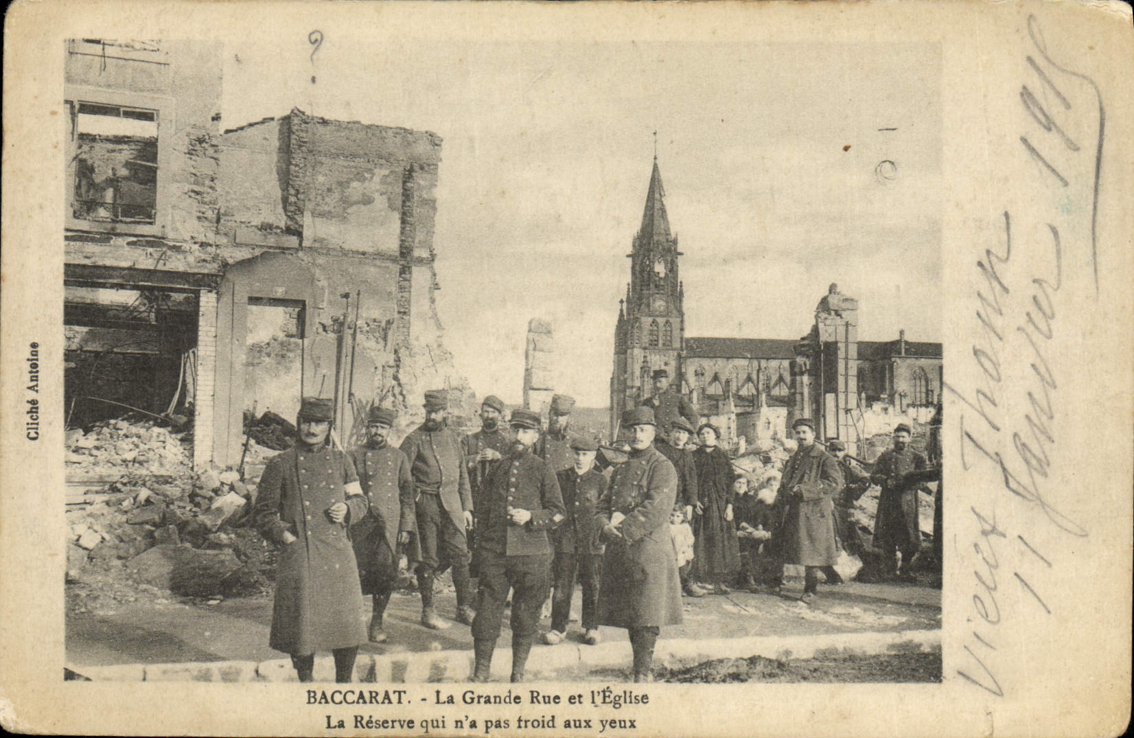 VINTAGE POSTCARD Militaria Baccarat main street and the church reserve