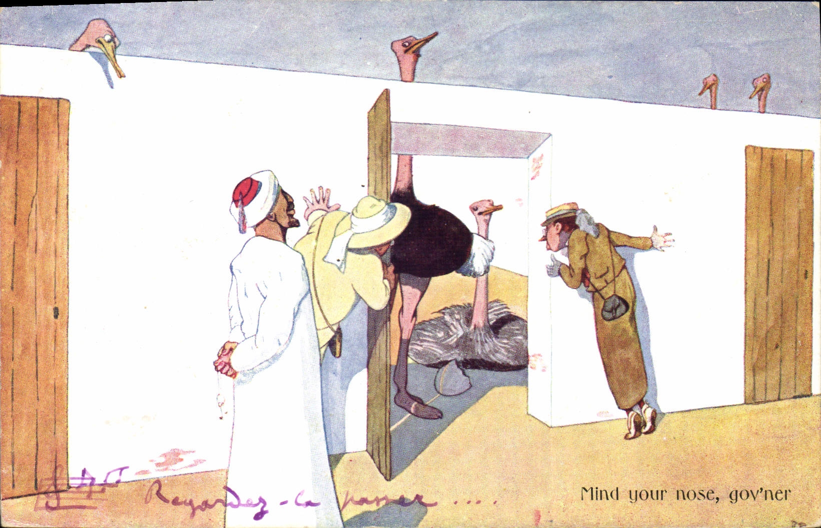 CPA Fantaisie Illustrateur Mind your nose Autruche Ostrich Egypt Egypte