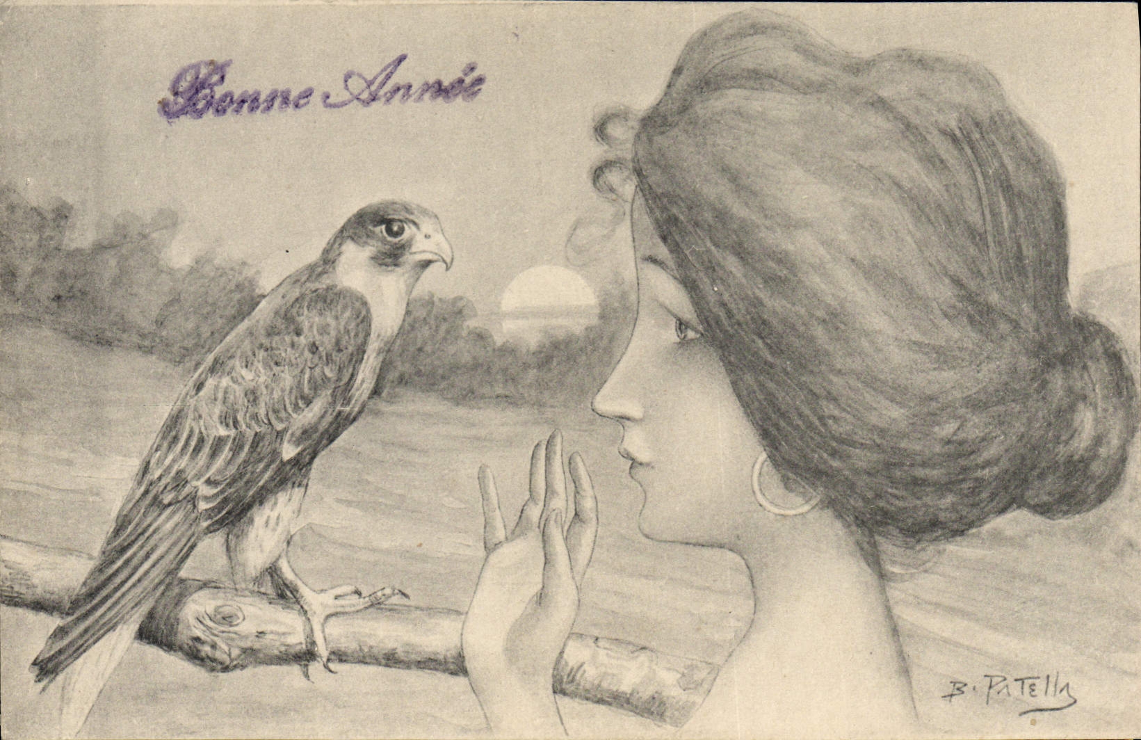 Rapaz de la rótula de la mujer del ilustrador de la fantasía de la POSTAL de la VENDIMIA