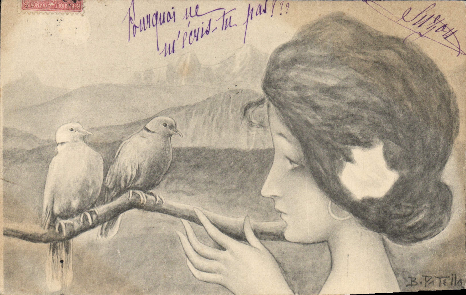 CPA Fantaisie Illustrateur Femme Patella Oiseaux