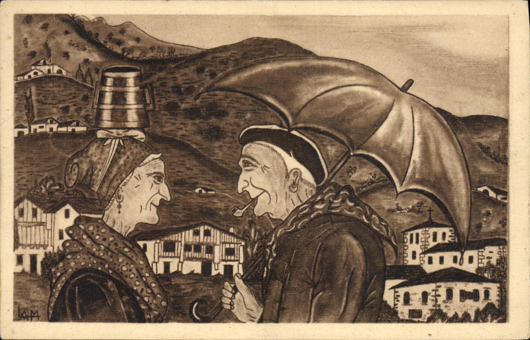 CPA Folklore Types basques Heureuse rencontre 