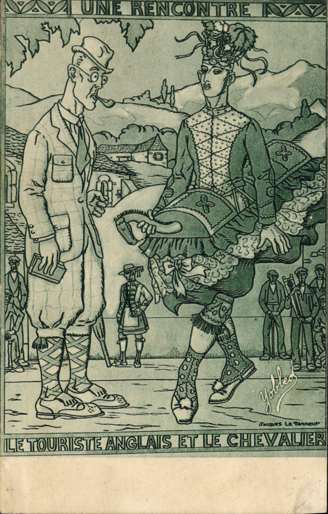 País vasco del folklore de la POSTAL de la VENDIMIA una reunión durante una falda pastoral de Jacques el Tanner