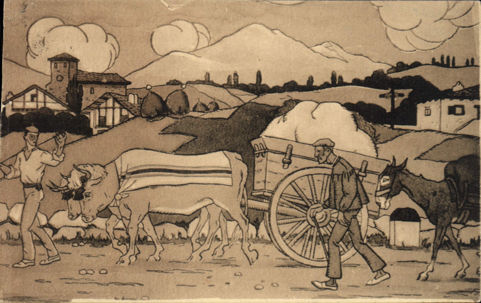 CPA Folklore Pays basque Sur la route Jacques le Tanneur Attelage Boeufs