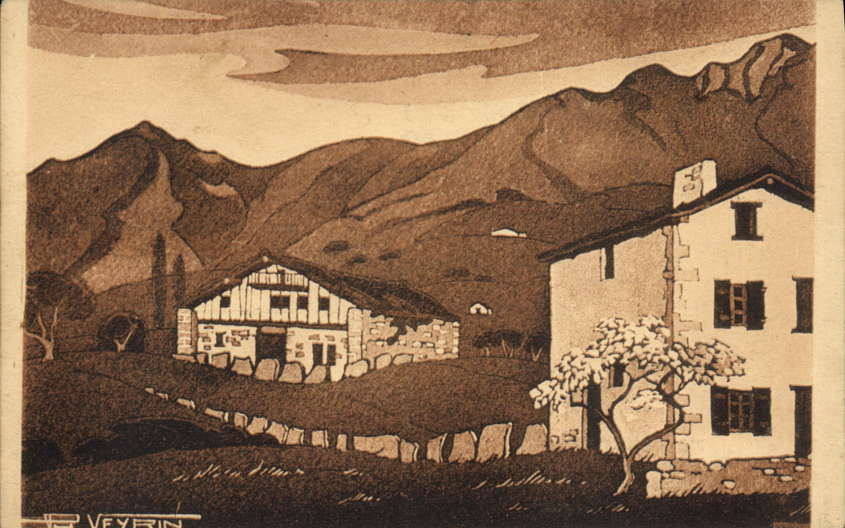 VINTAGE POSTCARD Folklore Basque Country Paysage in spring has Sare Philippe Veyrin