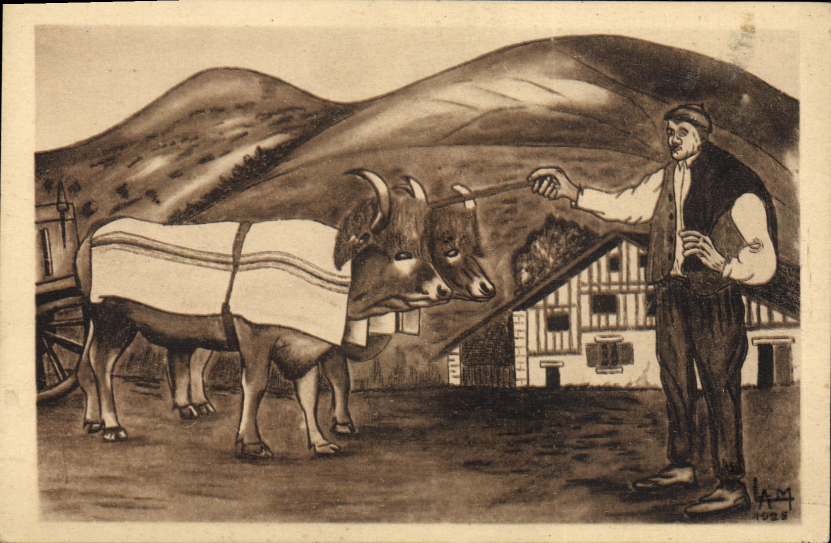 CPA Folklore Type basque Bouvier et son attelage