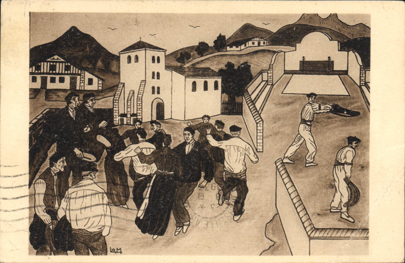 País vasco Fandago del folklore de la POSTAL de la VENDIMIA y salido de bola según una impresión de la fuga