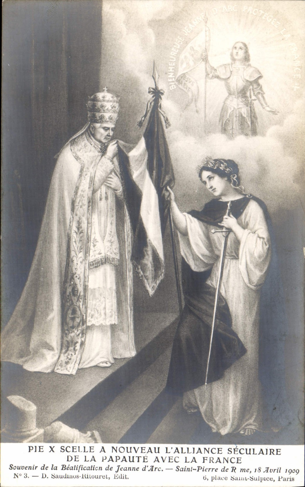 VINTAGE POSTCARD Black and white Pape X again seals the secular alliance of papacy with France Jeanne d' Arc