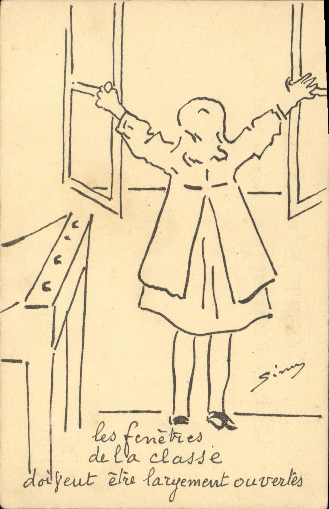 VINTAGE POSTCARD Enfants the windows of the class must be largely open