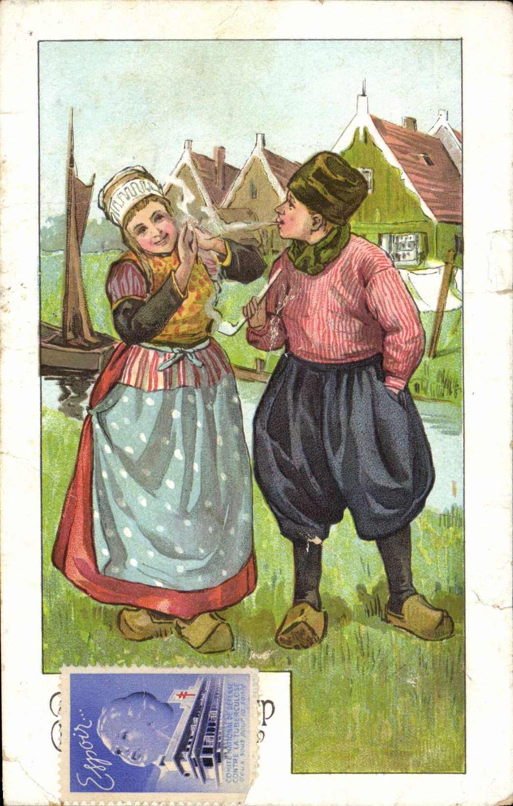 VINTAGE POSTCARD Children Netherlands Folklore Tobacco Pipe Label Tuberculosis