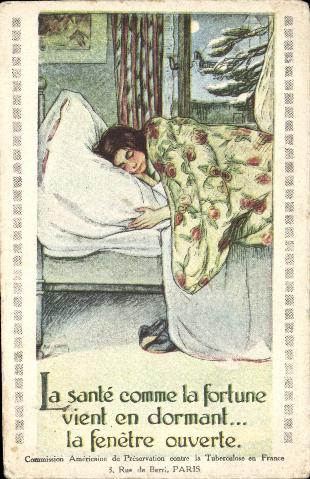 VINTAGE POSTCARD health as fortune comes while sleeping the open window Tuberculose