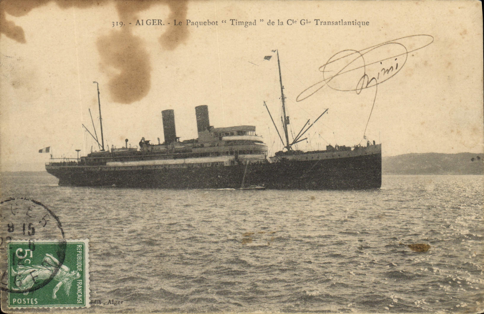 VINTAGE POSTCARD Boat Timgad Steamer of the Transatlantic Co Gle Algiers