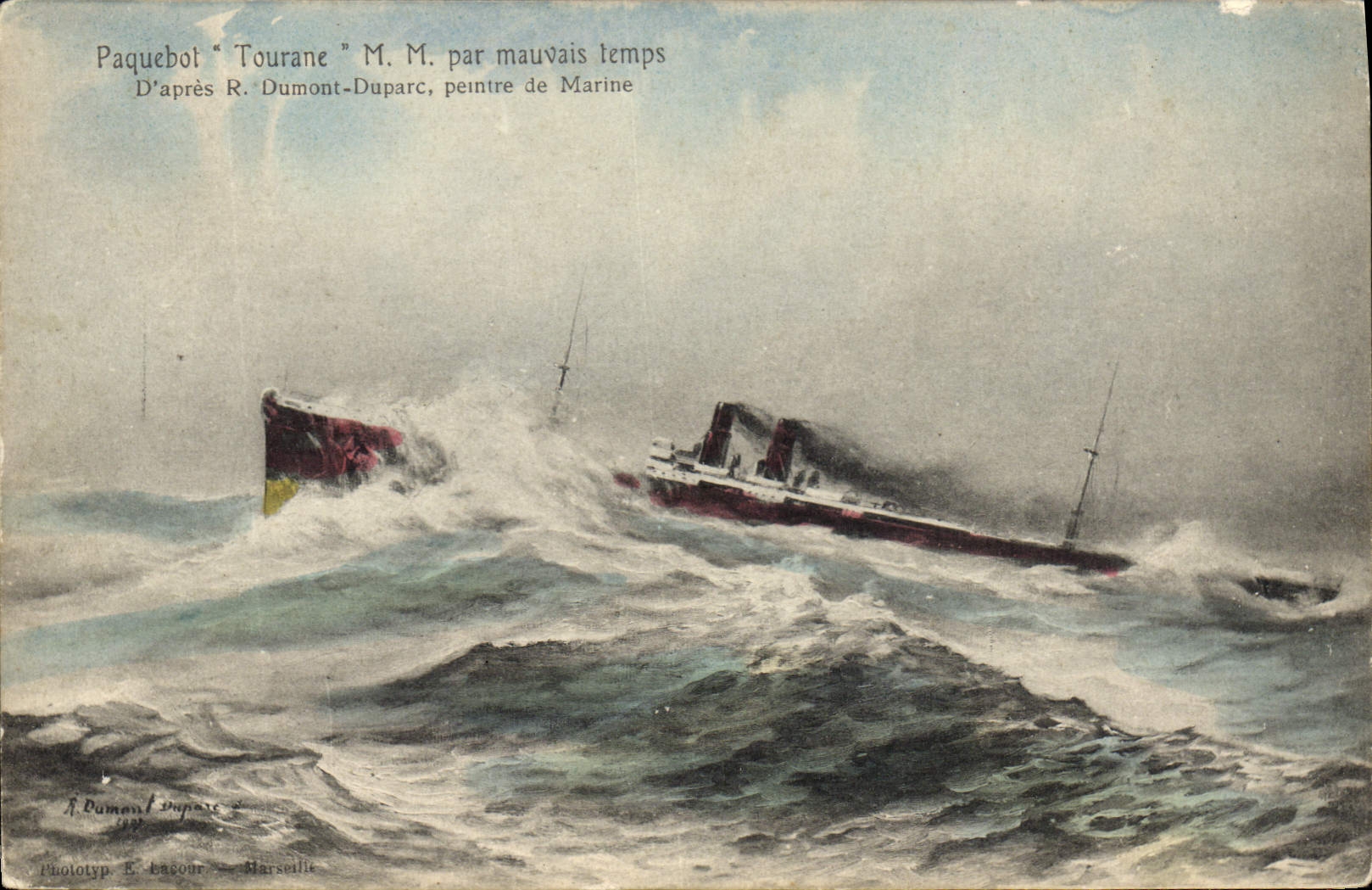 VINTAGE POSTCARD Boat Steamer Tourane MM per heavy weather
