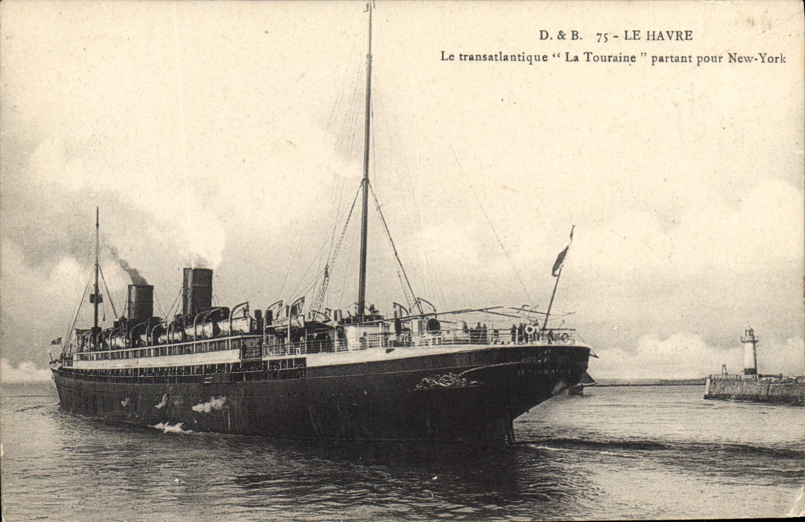 VINTAGE POSTCARD Boat Steamer Le Havre the Deck chair Touraine passing by New York