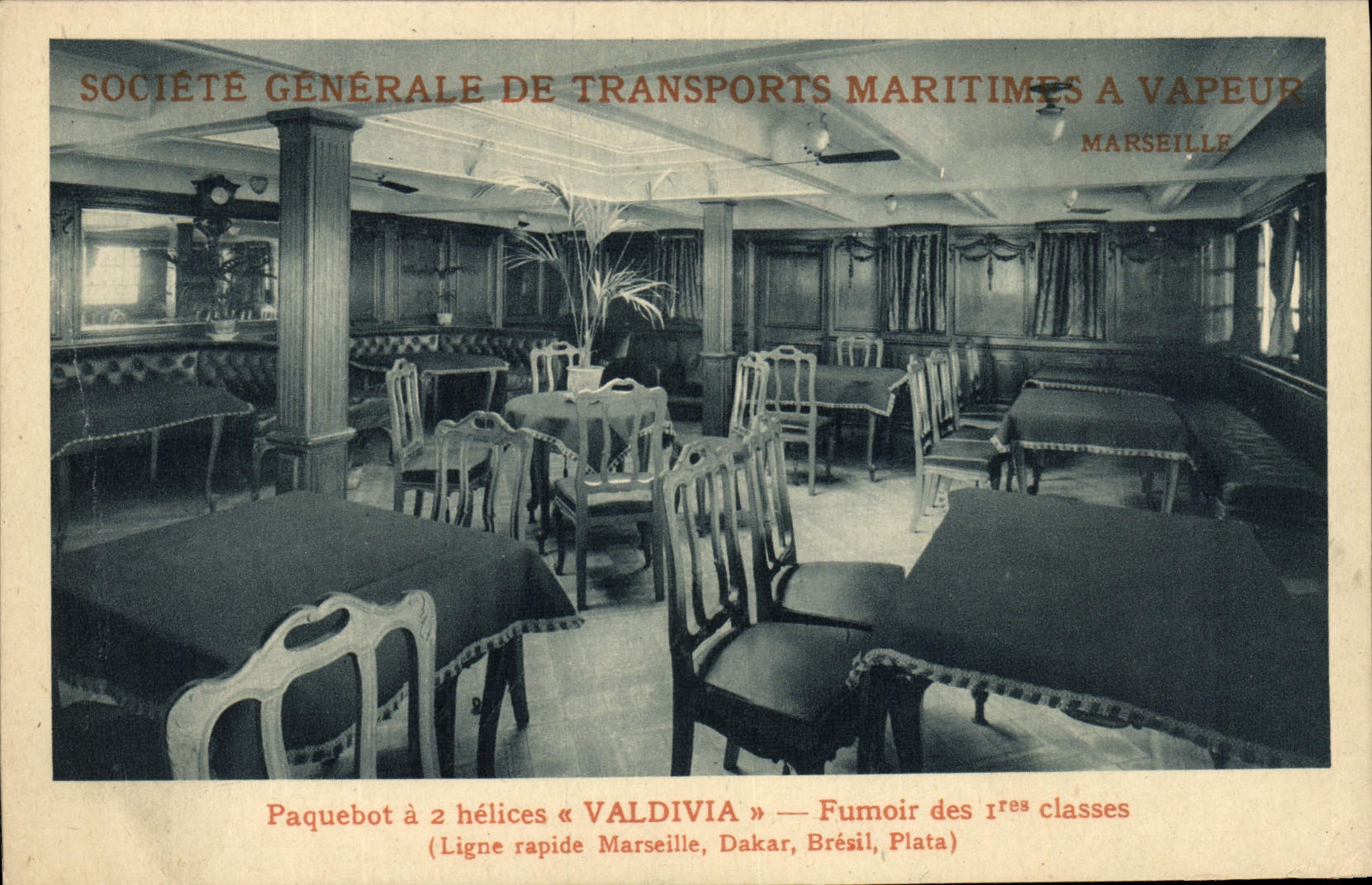 VINTAGE POSTCARD Bateau Steamer has 2 propellers Valdivia Fumoir of the 1st classes fast Ligne Marseilles Dakar Bresil Plata