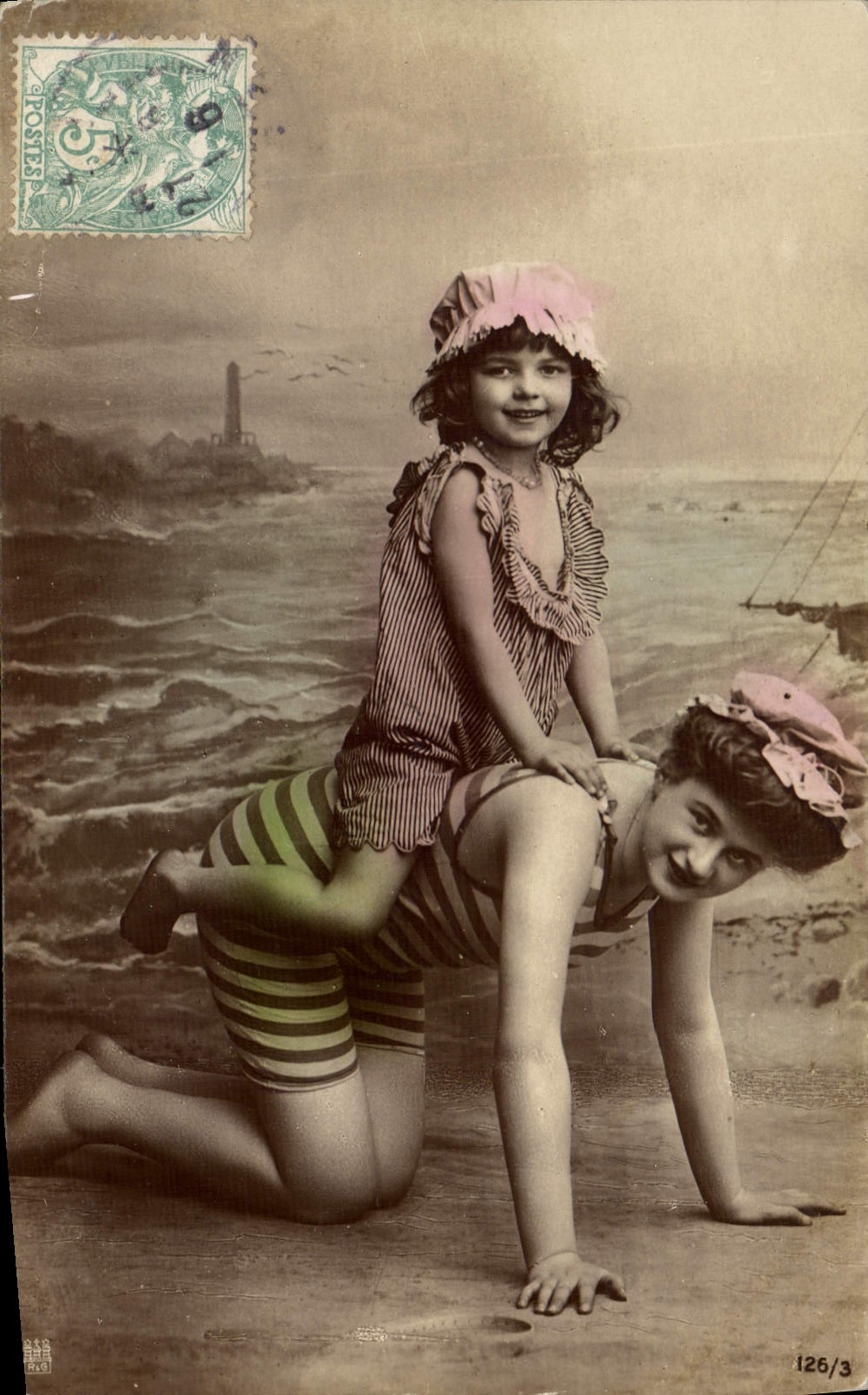 VINTAGE POSTCARD Woman Bathing suit Child