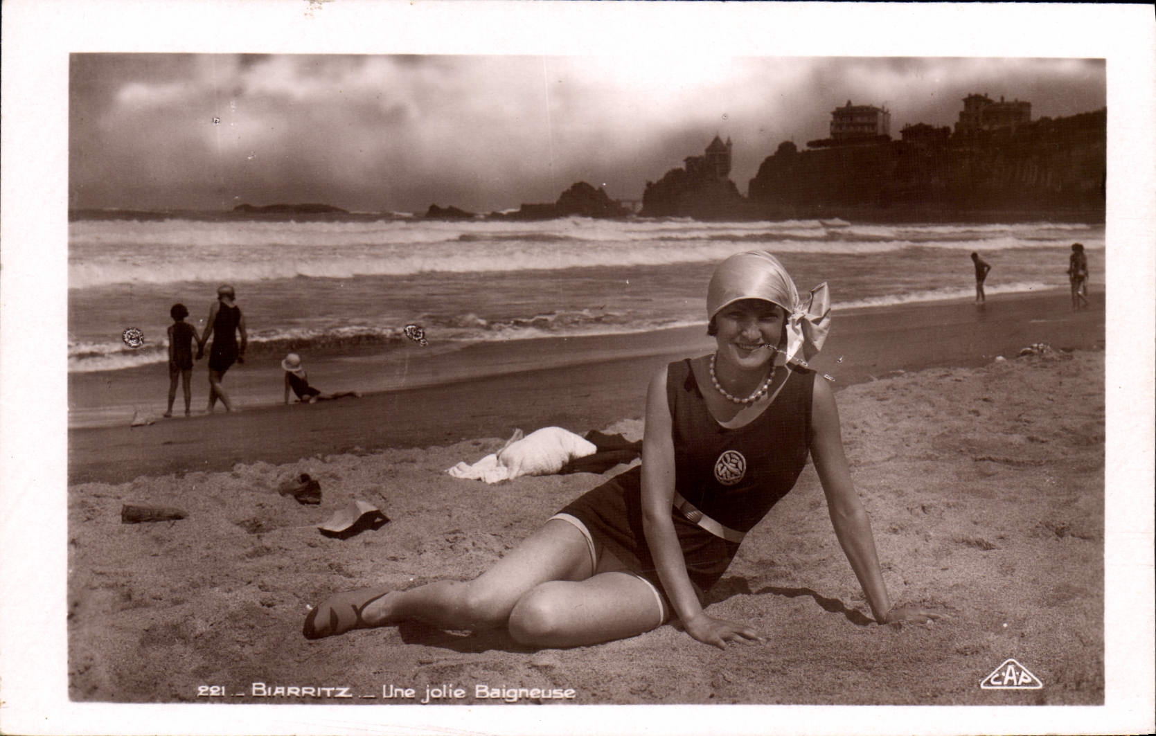 VINTAGE POSTCARD Woman Biarritz Bathing suit a pretty bather