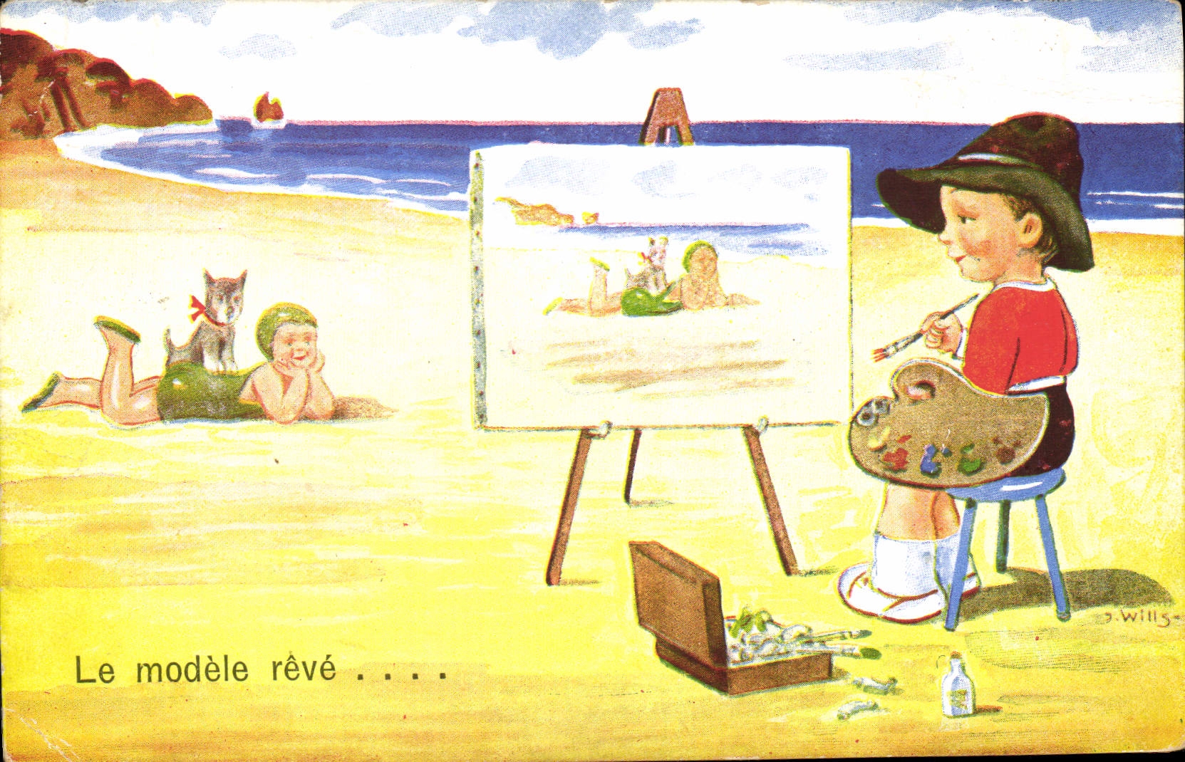VINTAGE POSTCARD Fantaisie Illustrator Children Painter the model dreams Chien Wills