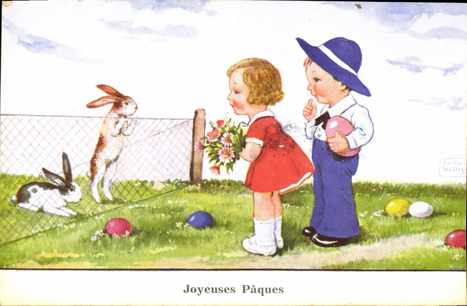 VINTAGE POSTCARD Fantasy Illustrator Children Easter Rabbits