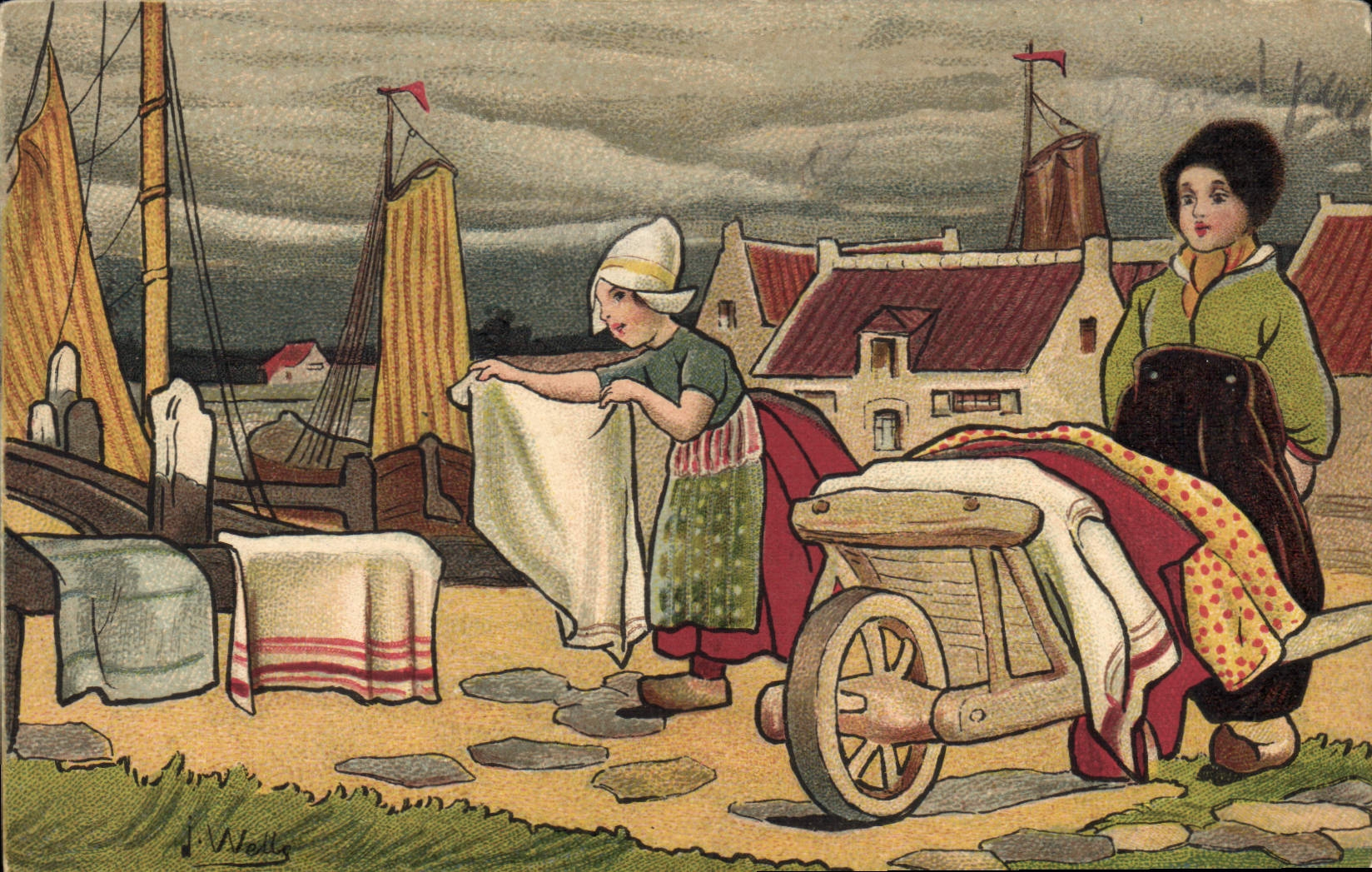 CPA Fantaisie Illustrateur Wells Enfants Pays-Bas Bateaux