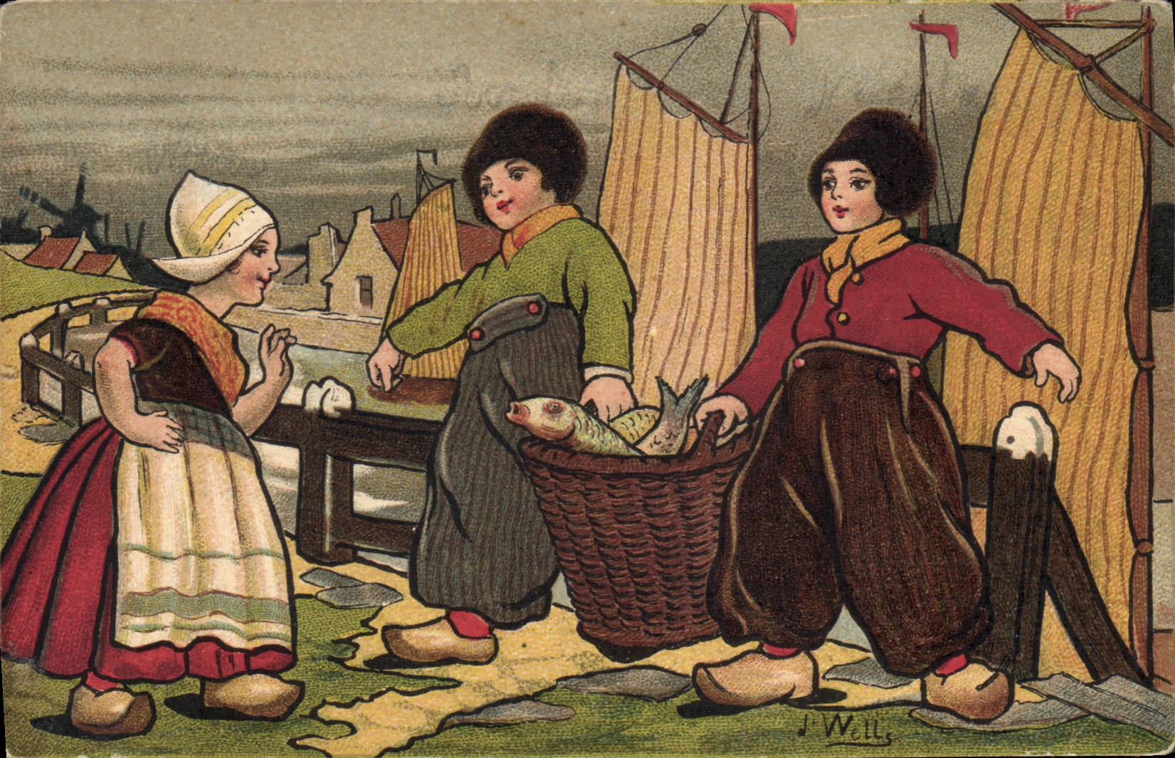 VINTAGE POSTCARD Fantaisie Illustrator Wells Enfants Netherlands Poisson Fishes Boats