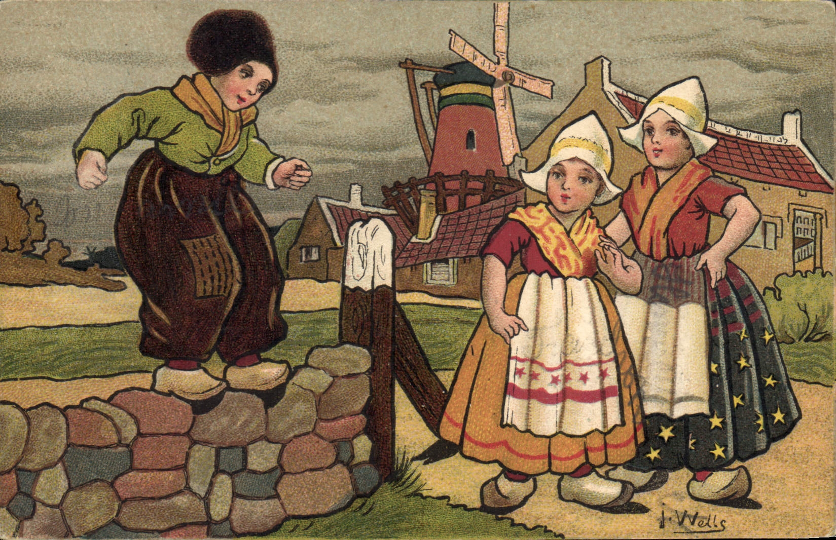 VINTAGE POSTCARD Fantasy Illustrator Wells Children Netherlands Windmill