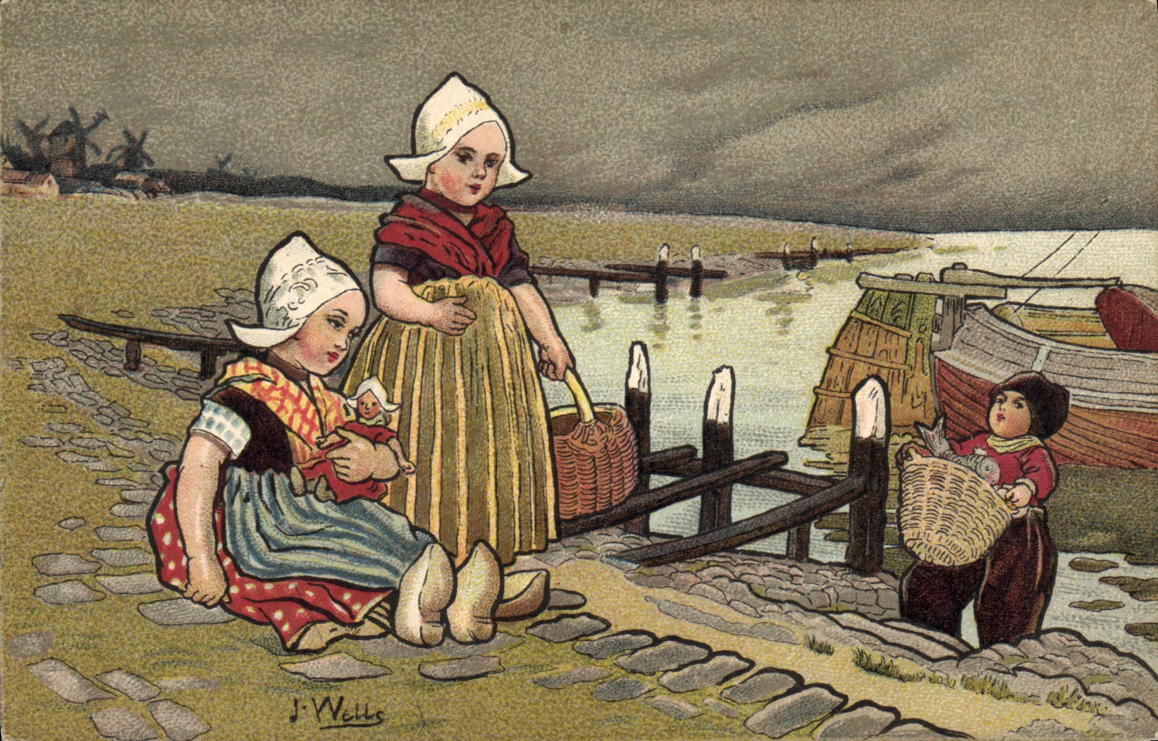 VINTAGE POSTCARD Fantaisie Illustrator Wells Enfants Netherlands Fishes Sinning
