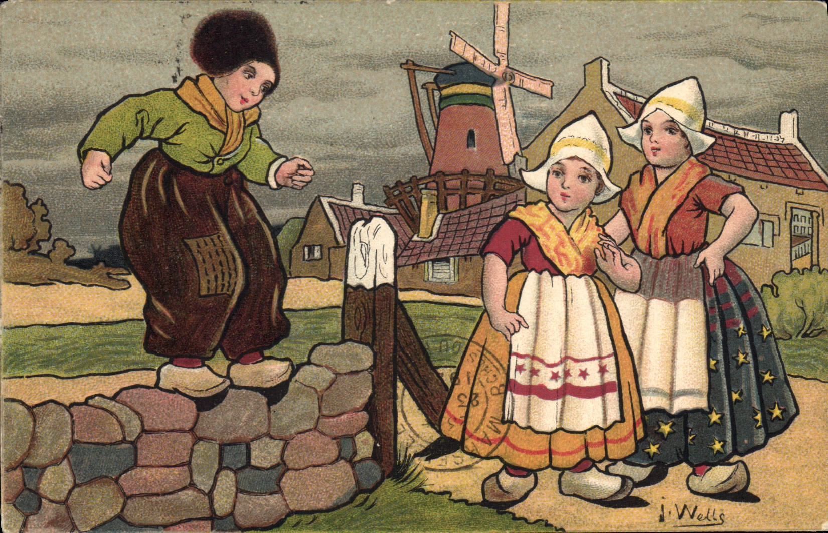 CPA Fantaisie Illustrateur Wells Enfants Pays-Bas Moulin a vent