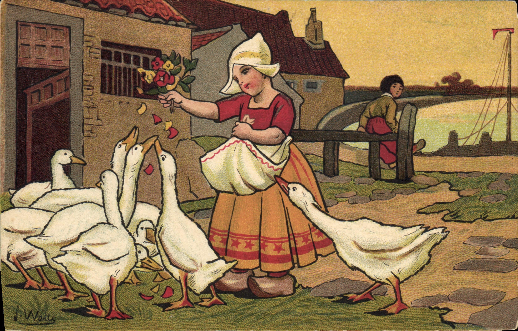 VINTAGE POSTCARD Fantasy Illustrator Wells Children Netherlands Geese