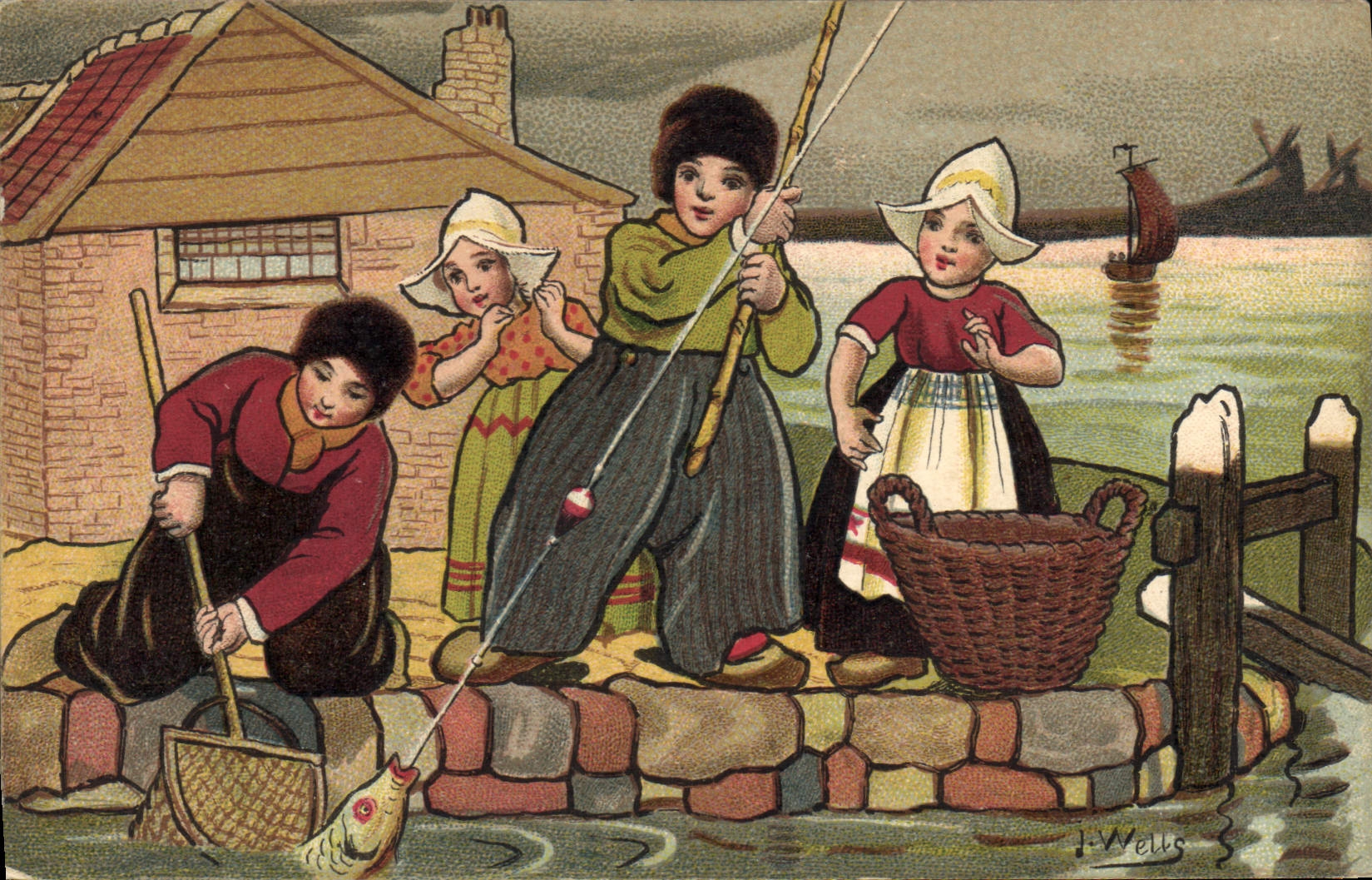 VINTAGE POSTCARD Fantaisie Illustrator Wells Enfants Netherlands Fishes Poisson Sinning Windmill