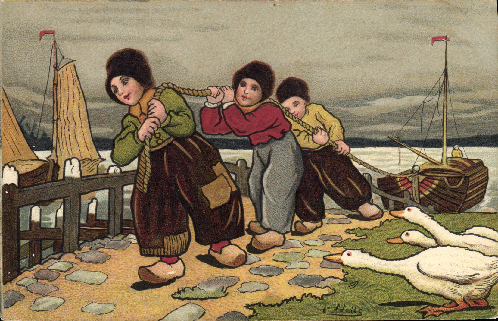 VINTAGE POSTCARD Fantasy Illustrator Wells Children Netherlands Boat Geese