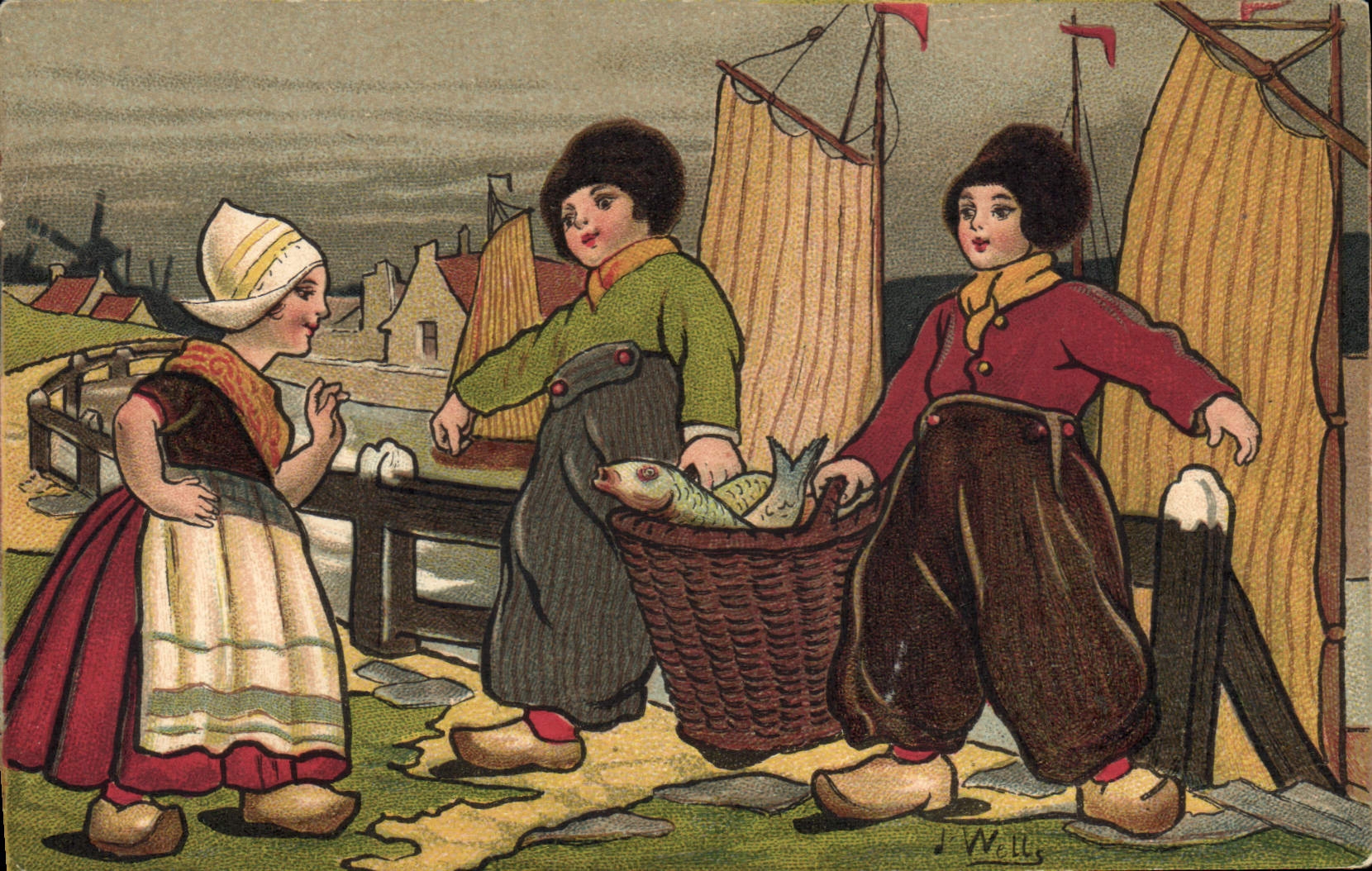 VINTAGE POSTCARD Fantaisie Illustrator Wells Enfants Netherlands Poisson Fishes Sinning