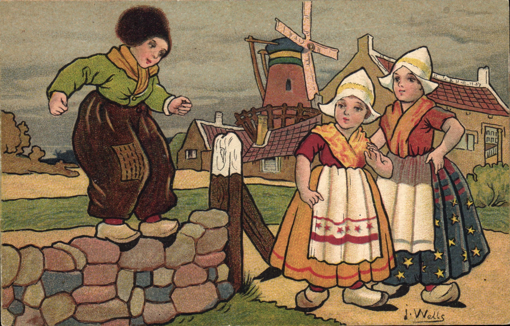CPA Fantaisie Illustrateur Wells Enfants Pays-Bas Moulin a vent