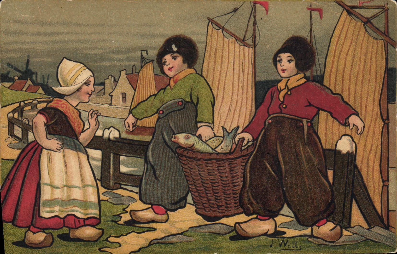 CPA Fantaisie Illustrateur Wells Enfants Pays-Bas Poisson Bateau Peche Pecheur