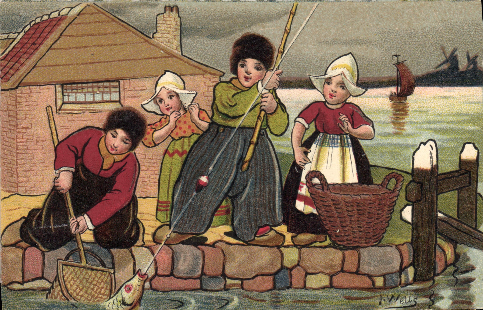 CPA Fantaisie Illustrateur Wells Enfants Pays-Bas Poisson peche