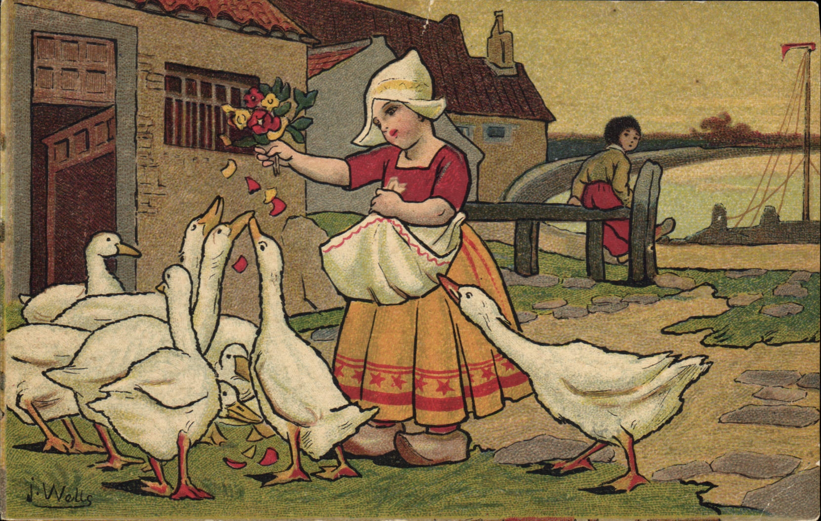 CPA Fantaisie Illustrateur Wells Enfants Pays-Bas Oies