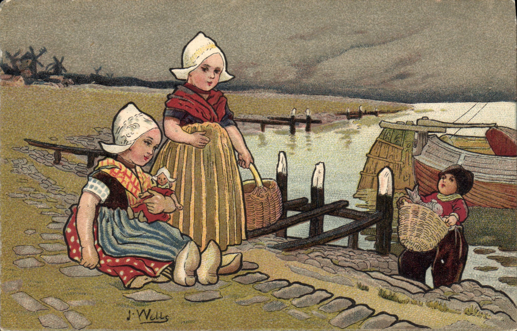 CPA Fantaisie Illustrateur Wells Enfants Pays-Bas Poisson