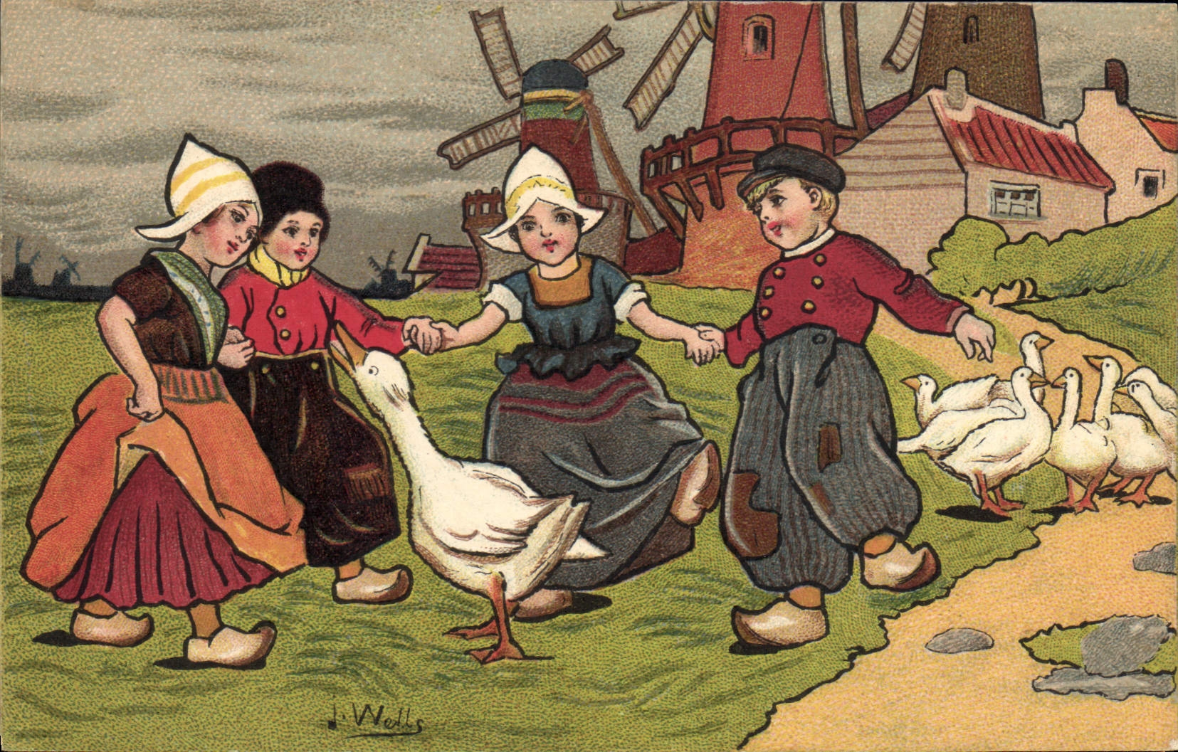 VINTAGE POSTCARD Fantasy Illustrator Wells Children Netherlands Windmill Geese