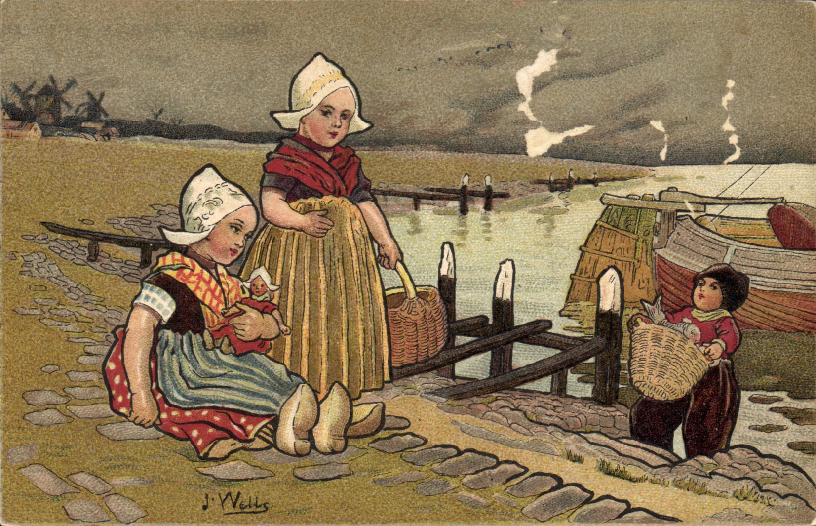 VINTAGE POSTCARD Fantaisie Illustrator Wells Enfants Netherlands Bateau Fishes Poisson