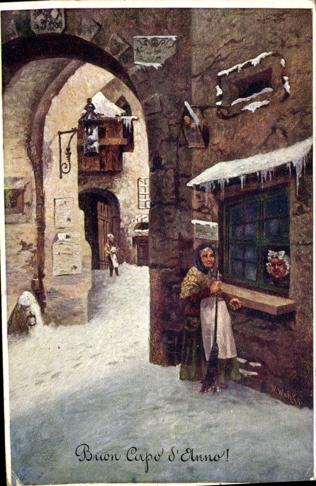 CPA Fantaisie Illustrateur Vieille femme dans la neige