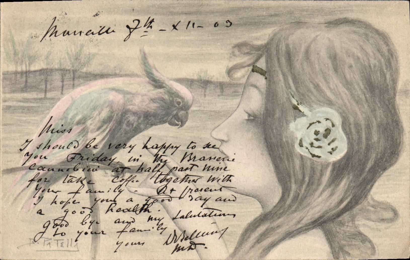 CPA Fantaisie Illustrateur Femme Perroquet