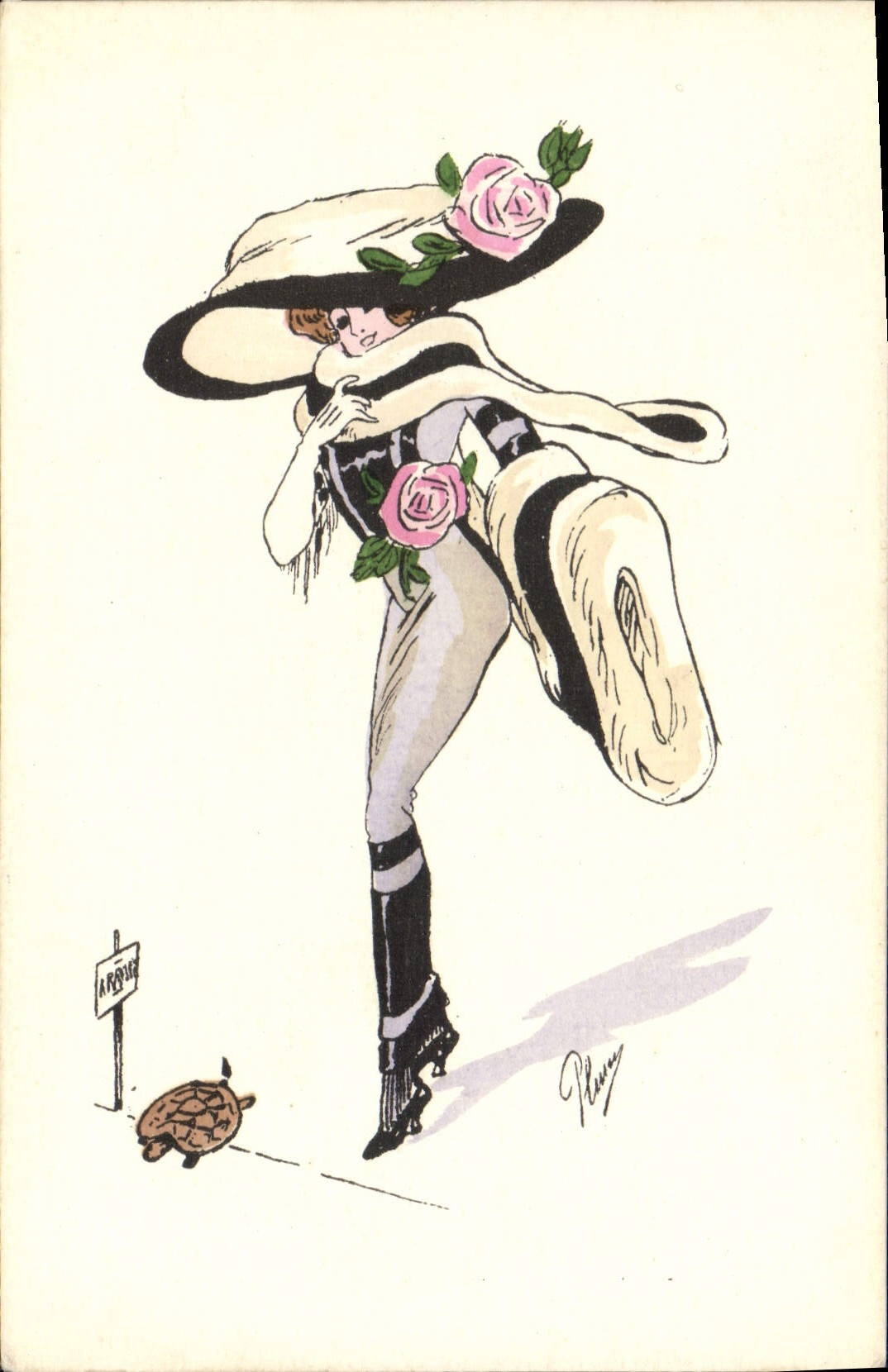 Tortuga de la mujer del ilustrador de la fantasía de la POSTAL de la VENDIMIA