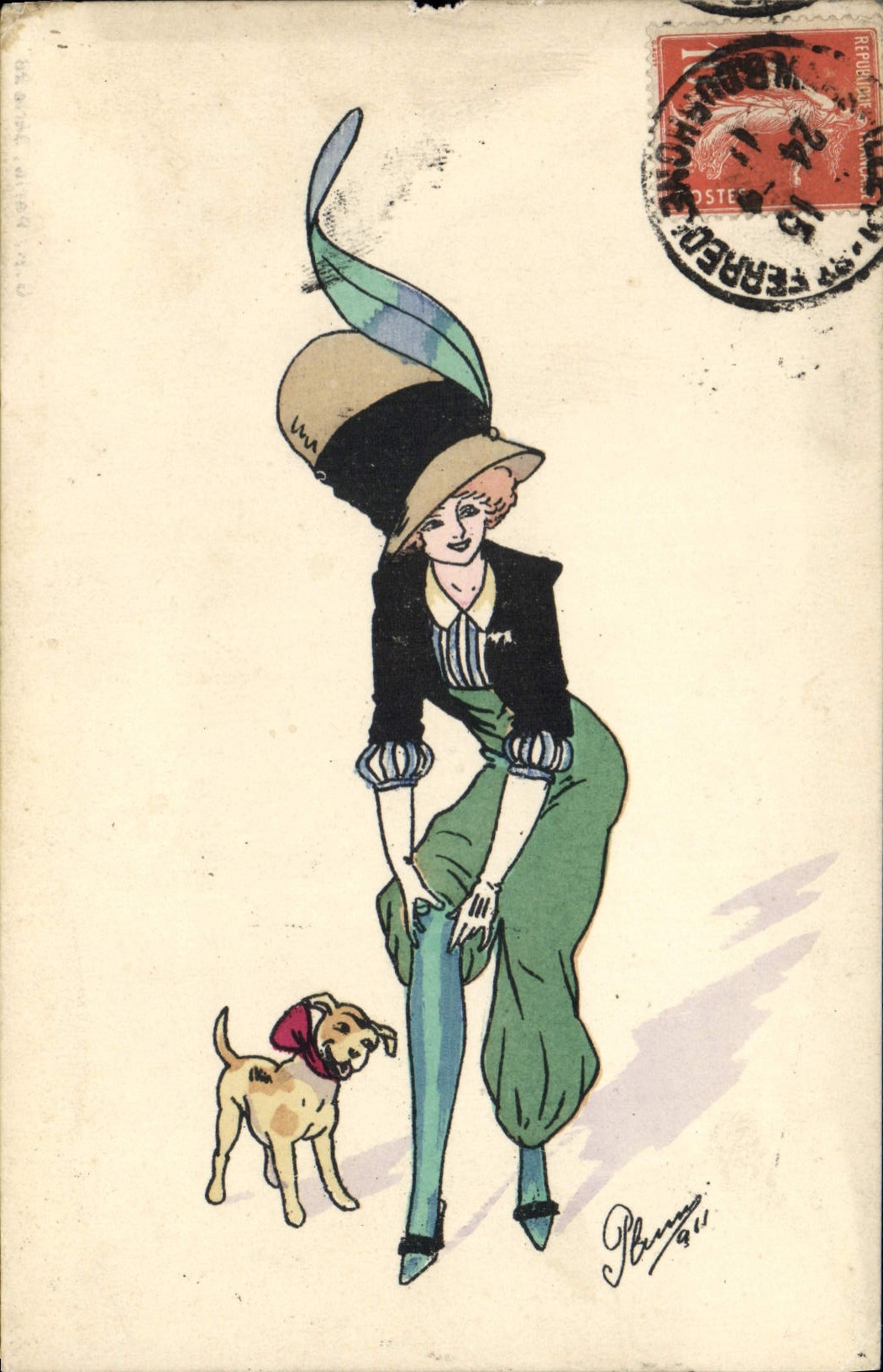 CPA Fantaisie Illustrateur Femme Chien