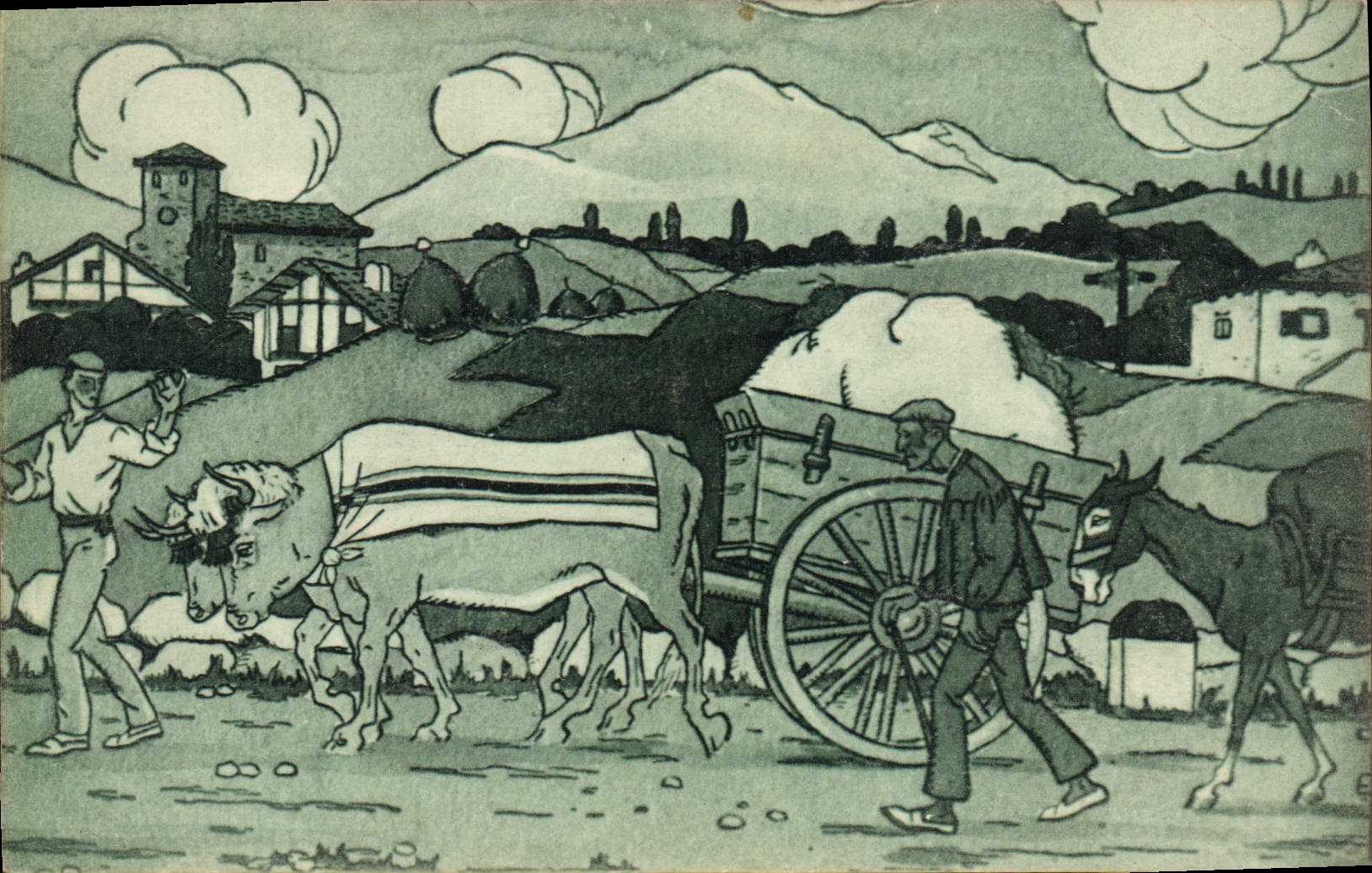 CPA Folklore Pays basque Sur la route Jacques le Tanneur Beoufs