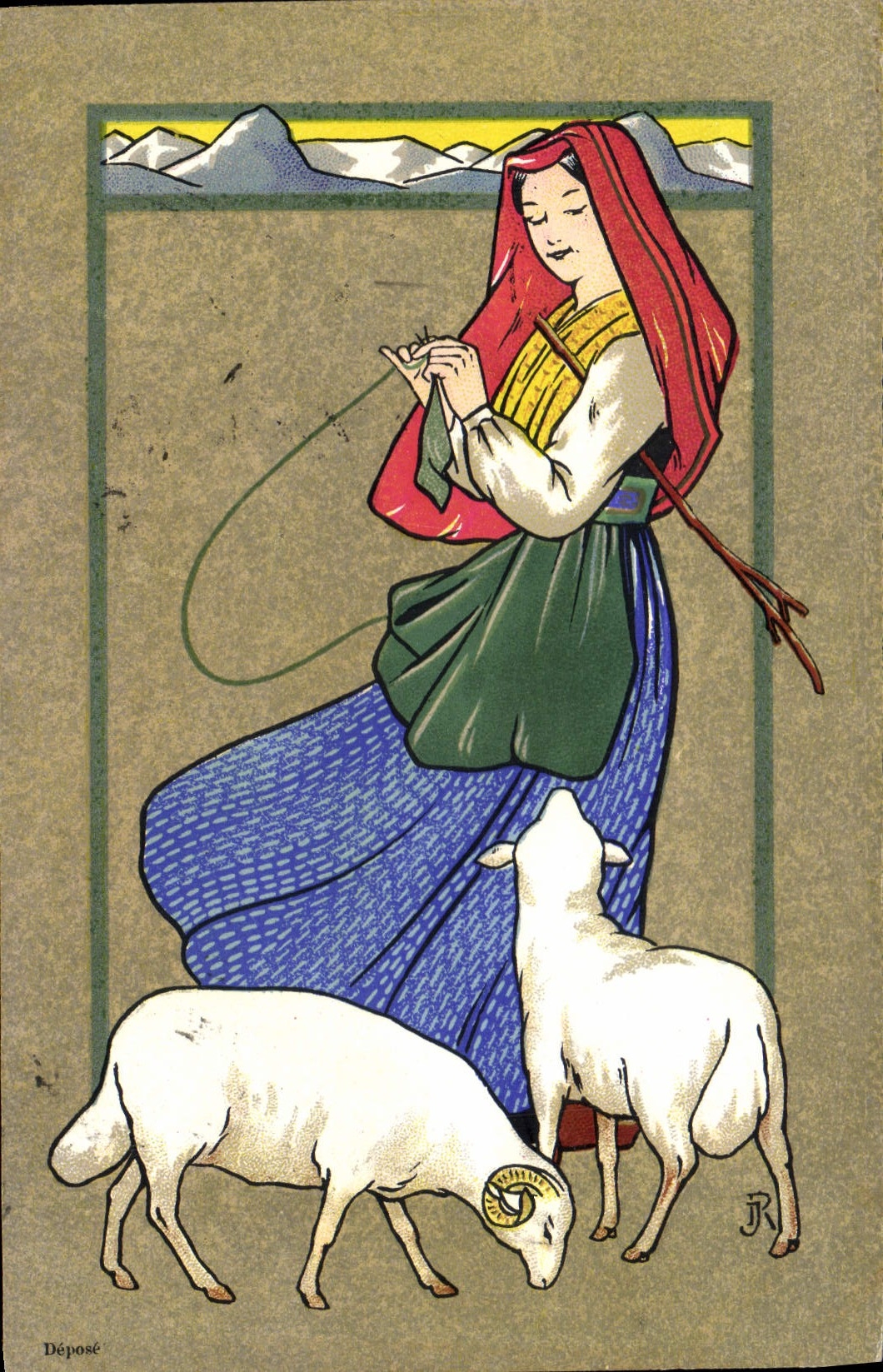 CPA Folklore Femme Moutons