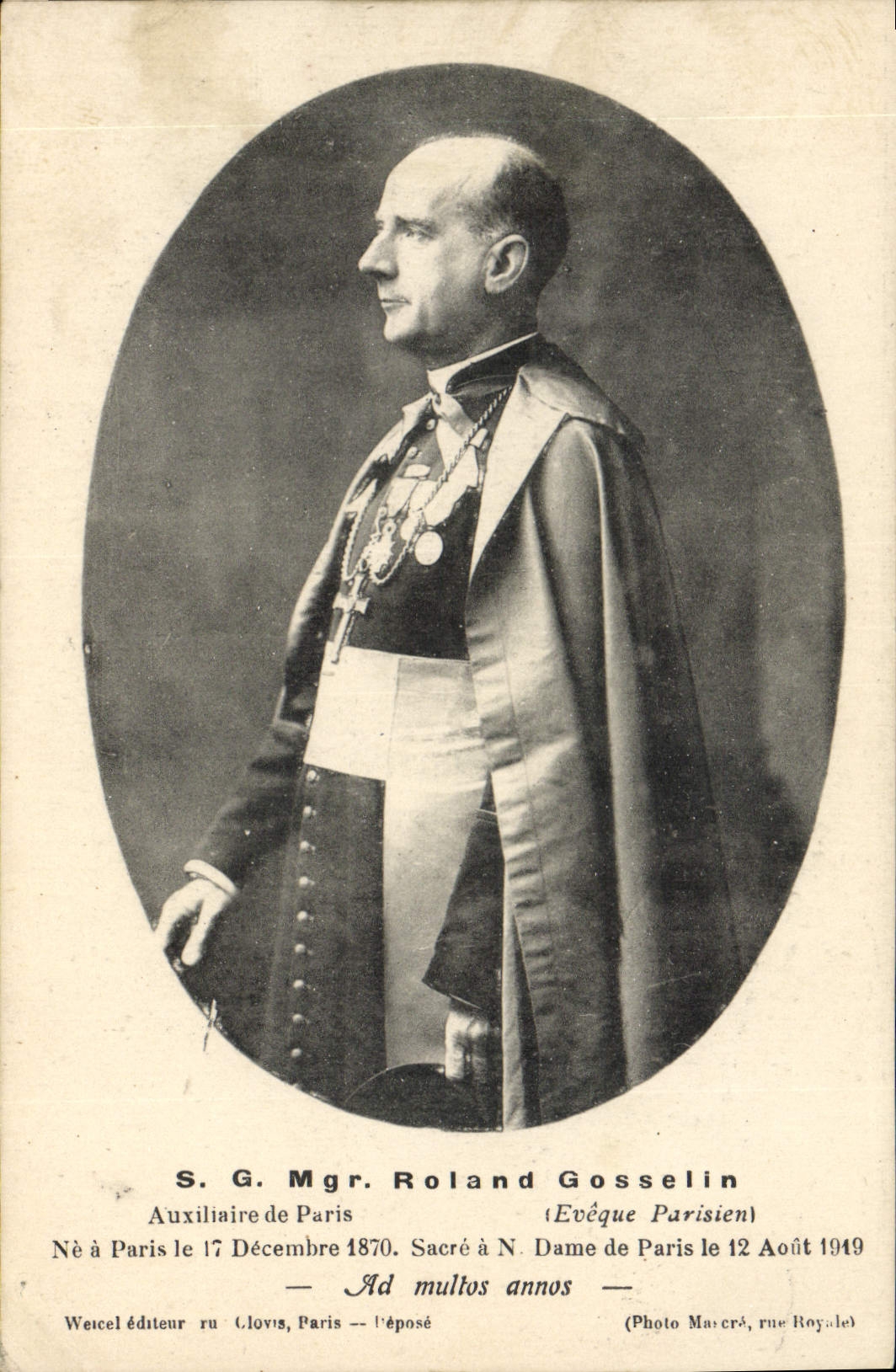 Sg Mgr Rolando auxiliar Gosselin de la POSTAL de la VENDIMIA del obispo parisiense de París