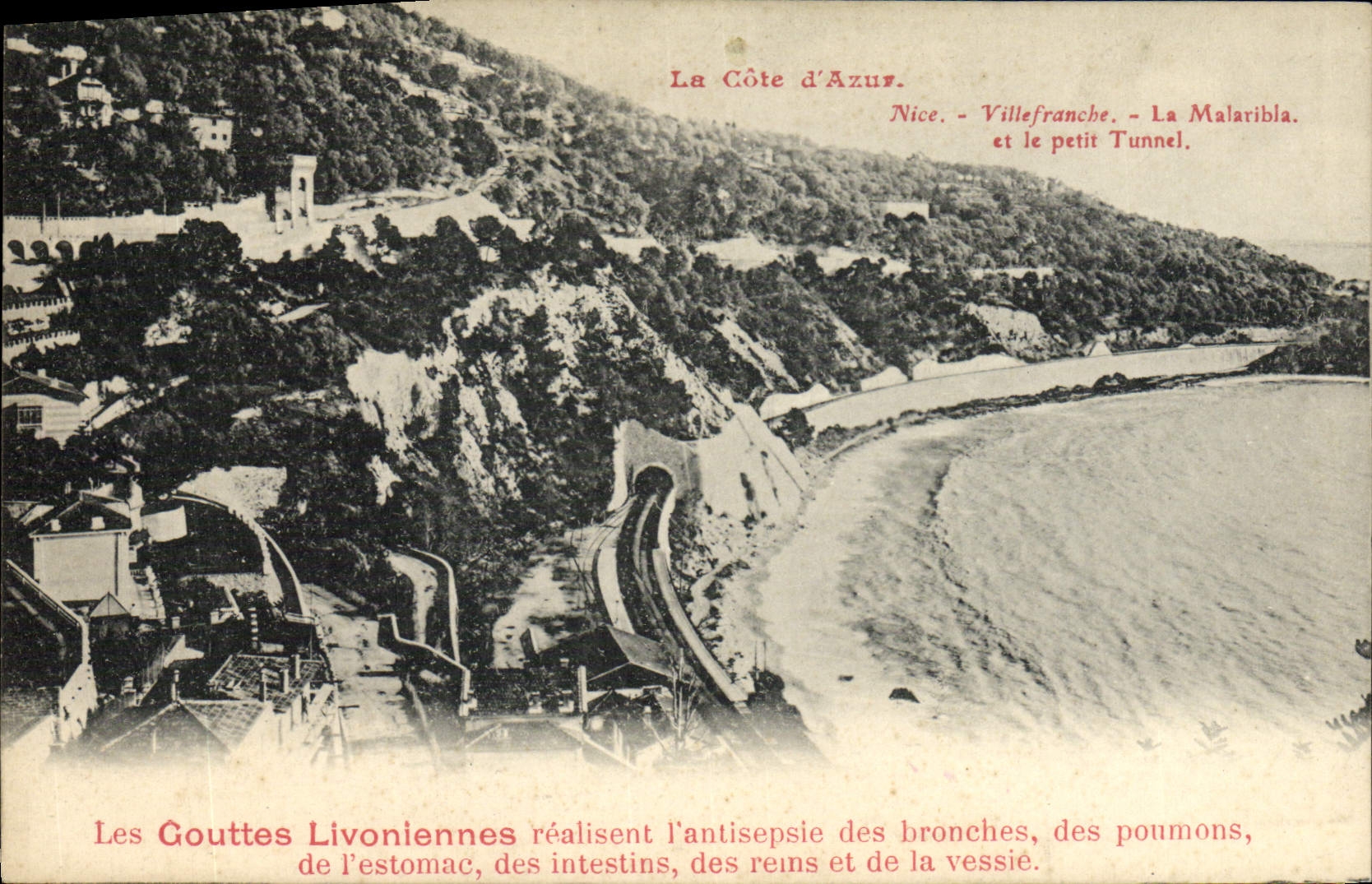 VINTAGE POSTCARD Nice Villefranche Malaribla and the small tunnel Drops Livoniennes Antisepsie of the bronchi