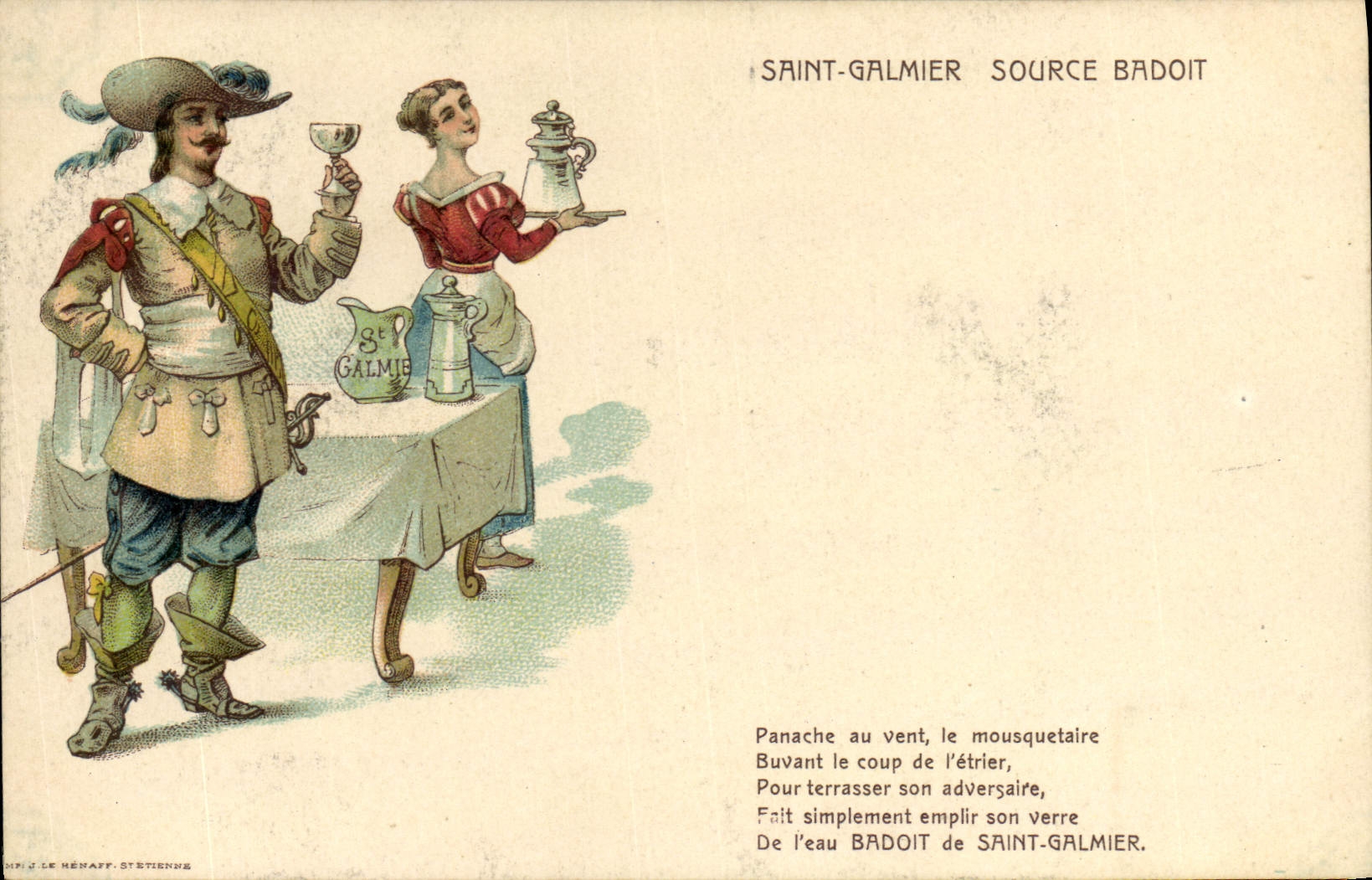 VINTAGE POSTCARD Holy Galmier Source Badoit Musketeer