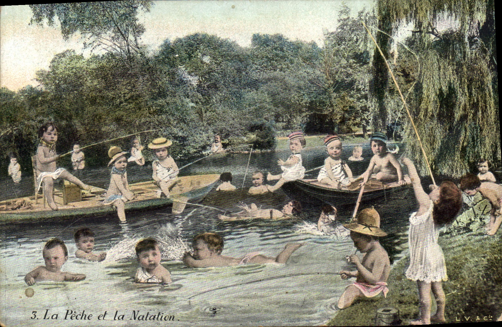 CPA Enfants La peche et la natation Pecheur