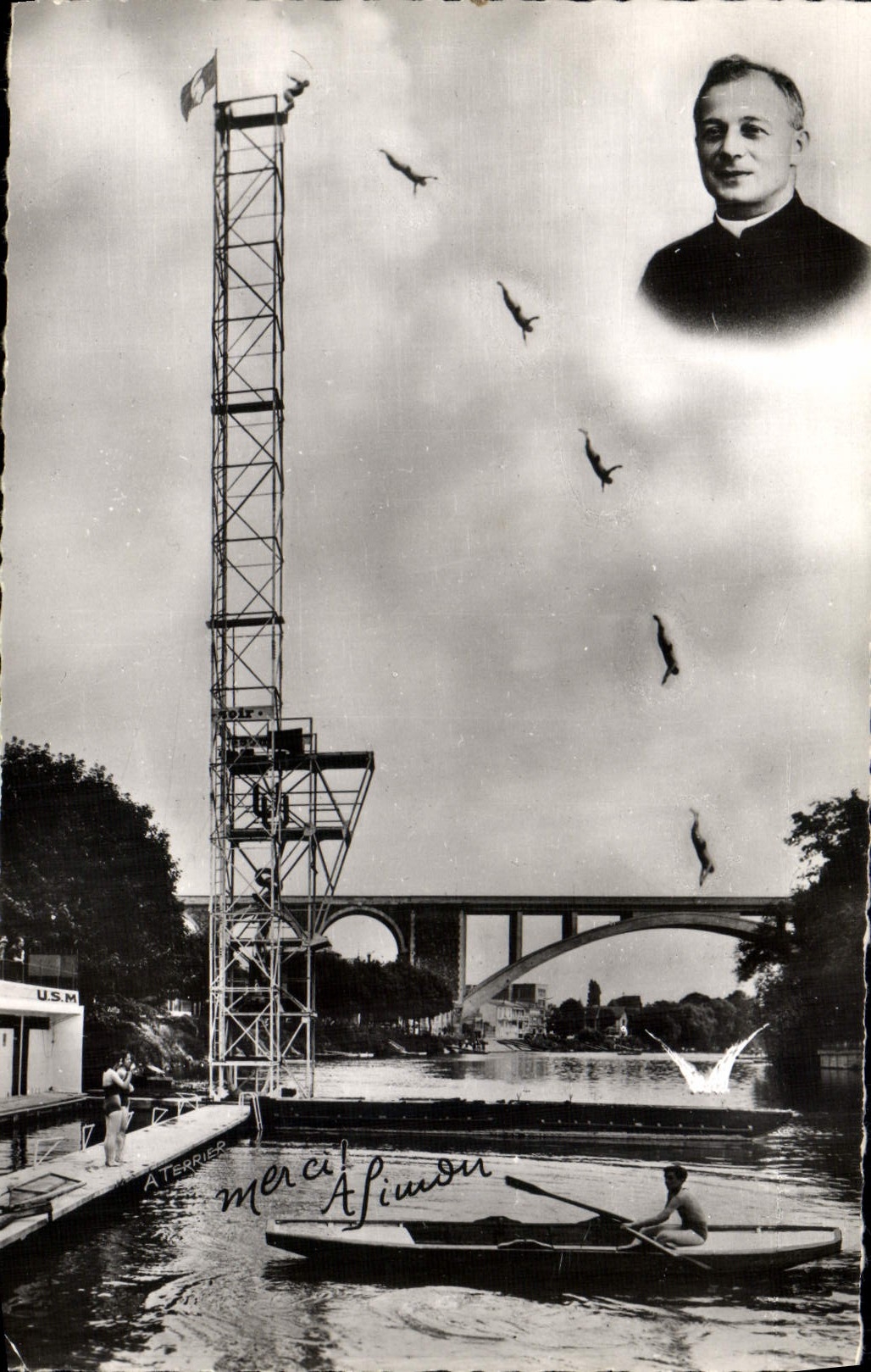 CPM Plongeon de l'Abbe Simon 1957 Coupe internationale de nataton Aviron Hors Bord Ski nautique 