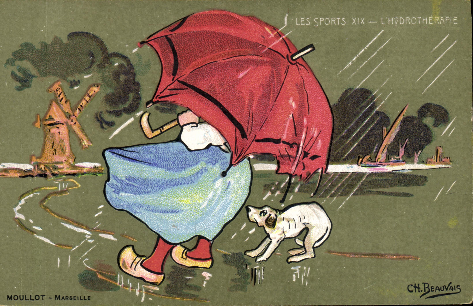 VINTAGE POSTCARD Hydrotherapy Dog Windmill Beauvais Illustrator